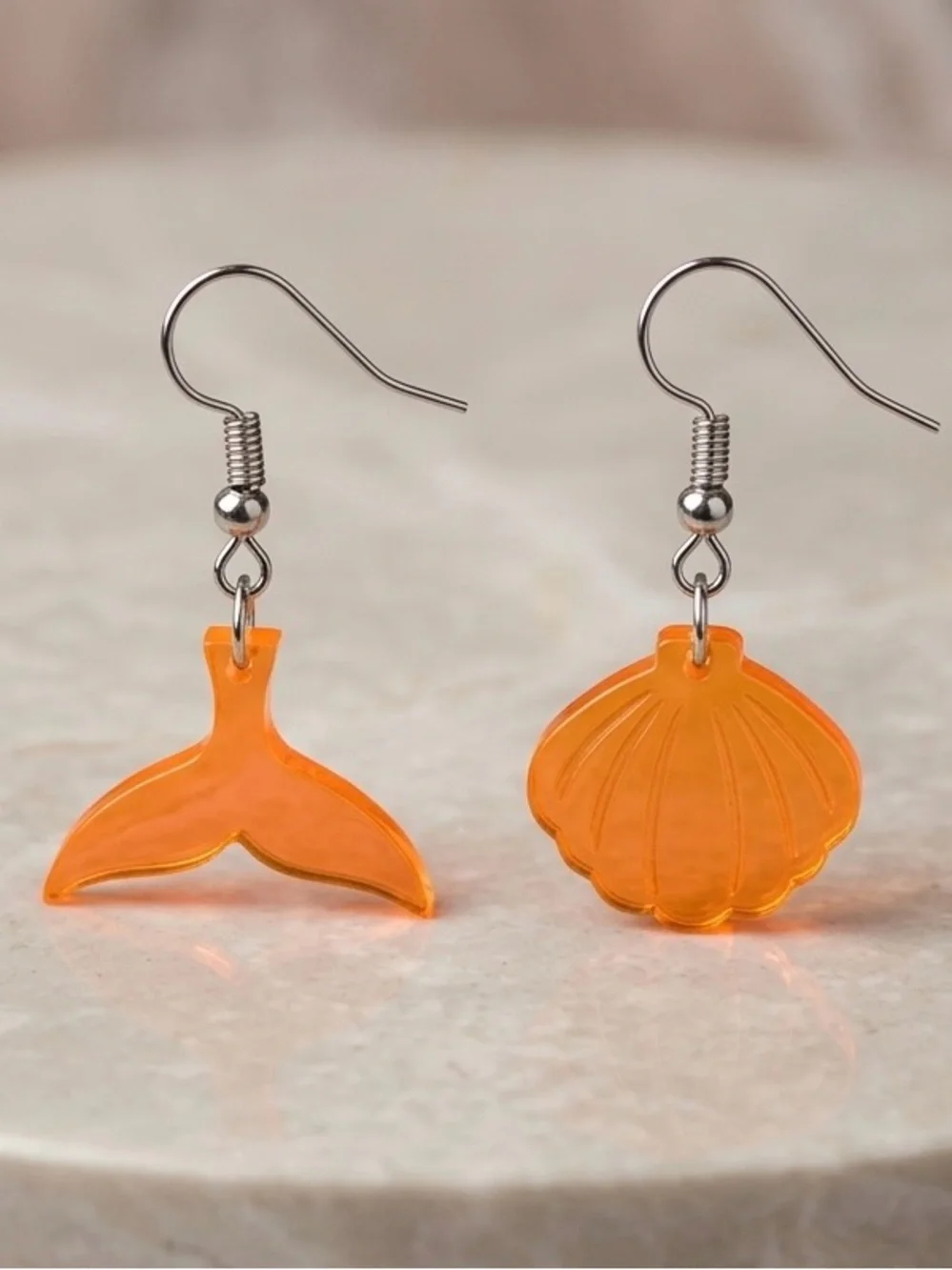 Orange Acrylic Mermaid Tail & Shell Dangle Earrings